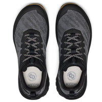 Black and gray athletic shoes with brand logo on a white background