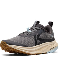 Gray running shoe with a white sole on a white background