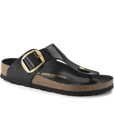 Quarter turn Women's Birkenstock Footwear style name Gizeh Big Buckle Regular in color High Shine Black. Sku: 1021467