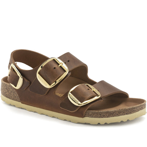 Quarter turn Women's Birkenstock Footwear style name Milano Big Buckle Narrow in color Cognac. Sku: 1024067