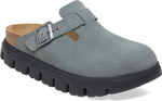 Quarter turn view Women's Birkenstock Footwear style name Boston Chunky Suede Narrow in color BASALT GR. Sku: 1029142
