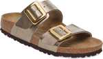 Quarter turn view Women's Birkenstock Footwear style name Sydney Luxe Buckle Narrow in color GR TPE BF. Sku: 1029372