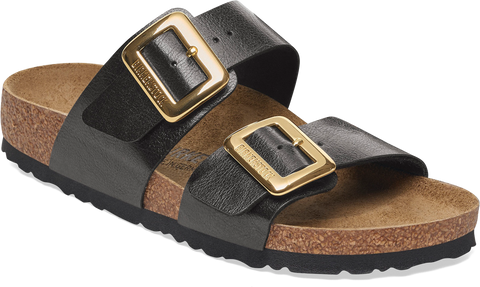 Quarter turn view Women's Birkenstock Footwear style name Sydney Luxe Buckle Narrow in color GR LIC BF. Sku: 1029457