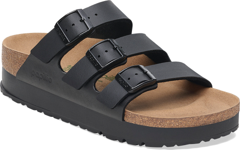 Quarter turn view Women's Birkenstock Footwear style name Florida III Platform Vegan Narrow in color BLACK BF. Sku: 1029737