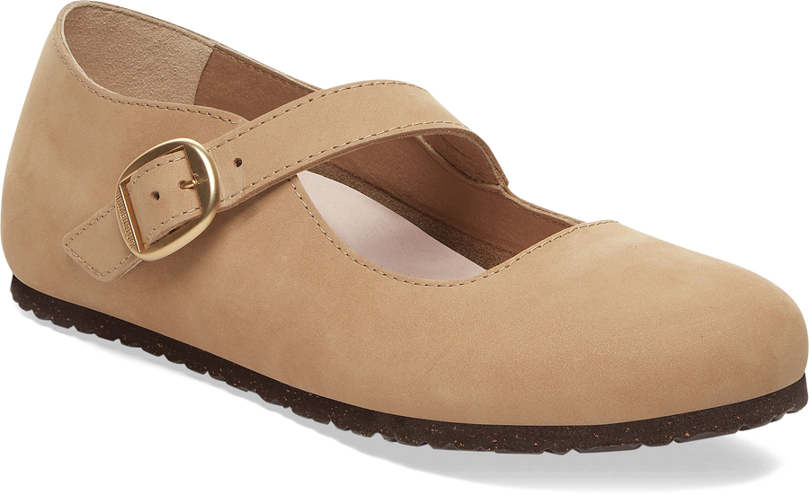 Quarter turn view Women's Birkenstock Footwear style name Tracy Nubuck Narrow in color Sand Nubuck. Sku: 1029776