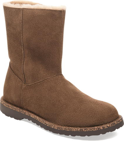 Quarter turn view Women's Birkenstock Footwear style name Uppsala Zip Shearling Regular in color DARK TEA. Sku: 1030054