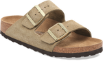 Quarter turn view Women's Birkenstock Footwear style name Arizona Suede Narrow in color SHIM TAUPE. Sku: 1030269