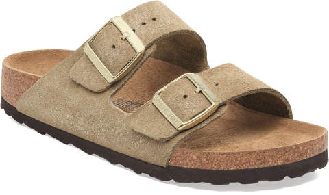 Quarter turn view Women's Birkenstock Footwear style name Arizona Suede Narrow in color SHIM TAUPE. Sku: 1030269