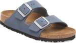 Quarter turn view Women's Birkenstock Footwear style name Arizona Nubuck Regular in color STONE BLUE. Sku: 1030317