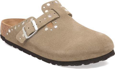 Quarter turn view Women's Birkenstock Footwear style name Boston Rivet Suede Narrow in color TAUPE SDE. Sku: 1030418