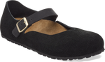 Quarter turn view Women's Birkenstock Footwear style name Mantova Suede Narrow in color BLACK SDE. Sku: 1030423