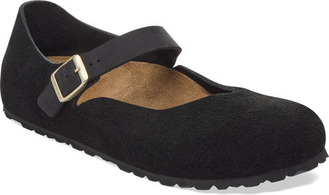Quarter turn view Women's Birkenstock Footwear style name Mantova Suede Narrow in color BLACK SDE. Sku: 1030423