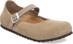Quarter turn view Women's Birkenstock Footwear style name Mantova Suede Narrow in color TAUPE SDE. Sku: 1030432