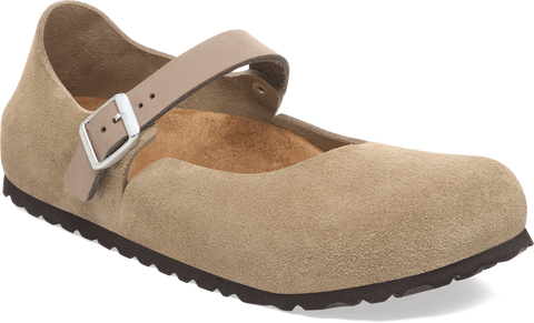 Quarter turn view Women's Birkenstock Footwear style name Mantova Suede Narrow in color TAUPE SDE. Sku: 1030432