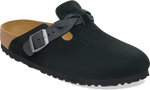 Quarter turn view Women's Birkenstock Footwear style name Boston Braid Suede Narrow in color BLACK SDE. Sku: 1030497
