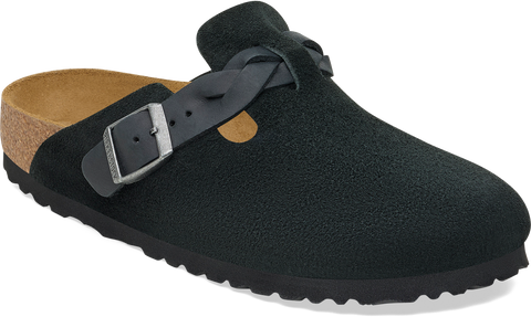 Quarter turn view Women's Birkenstock Footwear style name Boston Braid Suede Narrow in color BLACK SDE. Sku: 1030497