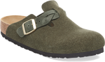 Quarter turn view Women's Birkenstock Footwear style name Boston Braid Suede Narrow in color THYME SDE. Sku: 1030599