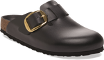 Quarter turn view Women's Birkenstock Footwear style name Boston Big Buckle Leather Narrow in color AMALFI BLK. Sku: 1030904
