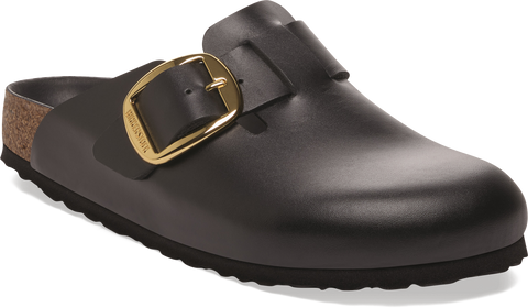 Quarter turn view Women's Birkenstock Footwear style name Boston Big Buckle Leather Narrow in color AMALFI BLK. Sku: 1030904
