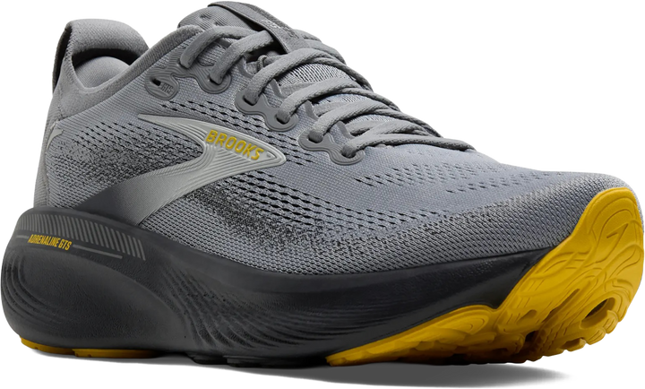 Quarter turn view Men's Brooks Footwear style name Adrenaline GTS 25 Double Wide in color GRY/EB/JAS. Sku: 110454-4E044