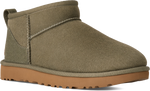 Quarter turn view Women's UGG Footwear style name Classic Ultra Mini in color MOSS GREEN. Sku: 1116109-MMP