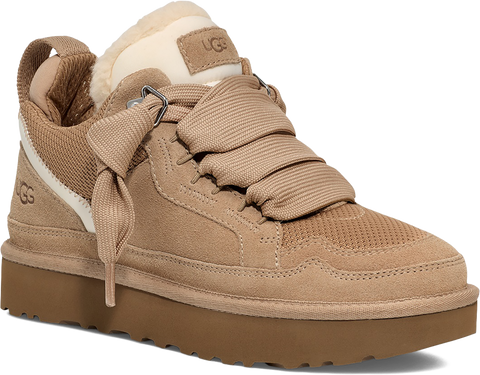 Quarter turn view Women's UGG Footwear style name Lowmel in color SAND. Sku: 1144032-SAN