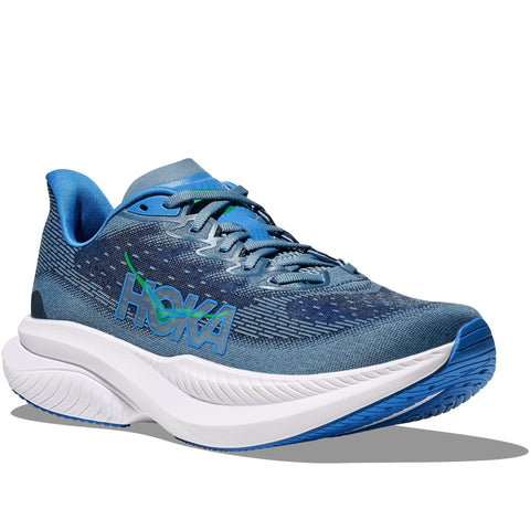 Quarter turn view Men's Hoka Footwear style name Mach 6 in color Downpour/ Thunder Cloud. Sku: 1147790-DHN