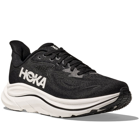 Quarter turn view Men's Hoka Footwear style name Clifton 10 in color Black/ White. Sku: 1162030-BWHT