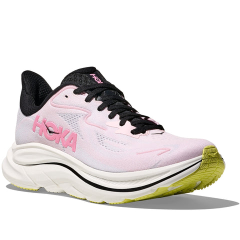 Quarter turn view Women's Hoka Footwear style name Clifton 10 in color Carnation/ Starlight Glow. Sku: 1162031-CTNS