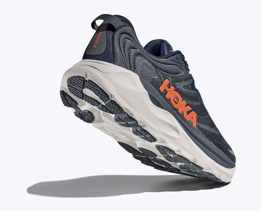 Quarter turn view Men's HOKA Footwear style name Gaviota 6 XWide in color Midnight Blue/ Faded Navy. Sku: 1171936-MLFD