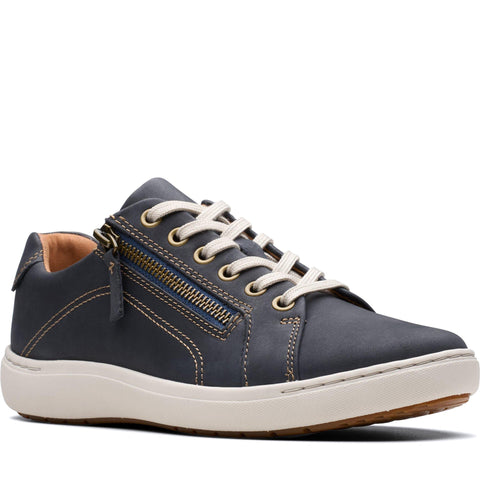 Quarter turn Women's Clarks Footwear style name Nalle Lace in color Navy Nubuck. Sku: 26163570