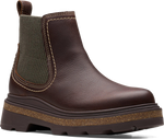 Quarter turn view Women's Clarks Footwear style name Hencroft Step Waterproof in color BROWN LEA. Sku: 26179952
