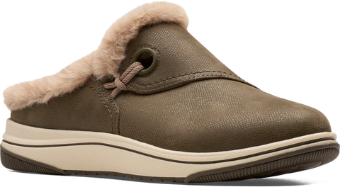 Quarter turn view Women's Clarks Footwear style name Breeze Myth Wide in color DK OLIVE. Sku: 26184187W