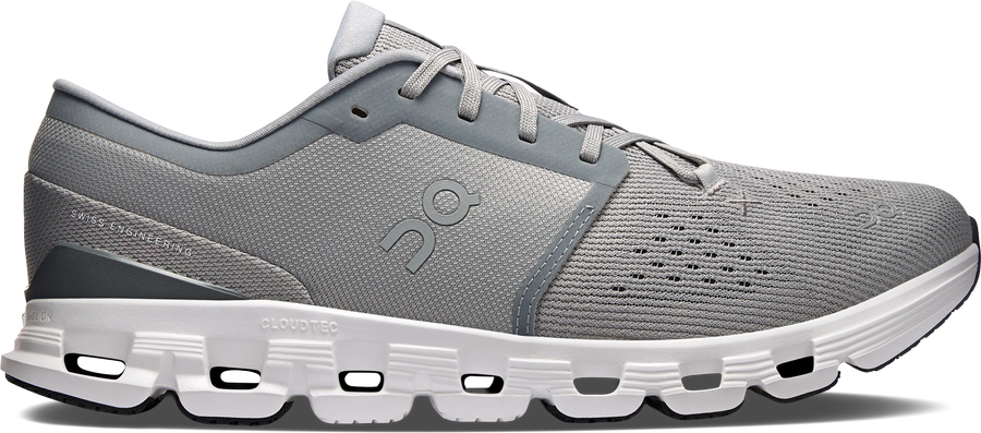 Quarter turn view Men's On Running Footwear style name Cloud X 4 in color Alloy/ Ivory. Sku: 3ME30043228