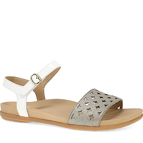 Quarter turn Women's Dansko Footwear style name Jodie in color Platino/ White Leather. Sku: 6224241200