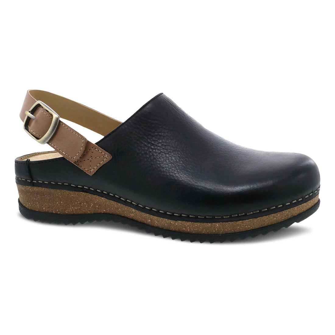 Black leather slide clog with a brown adjustable back strap.