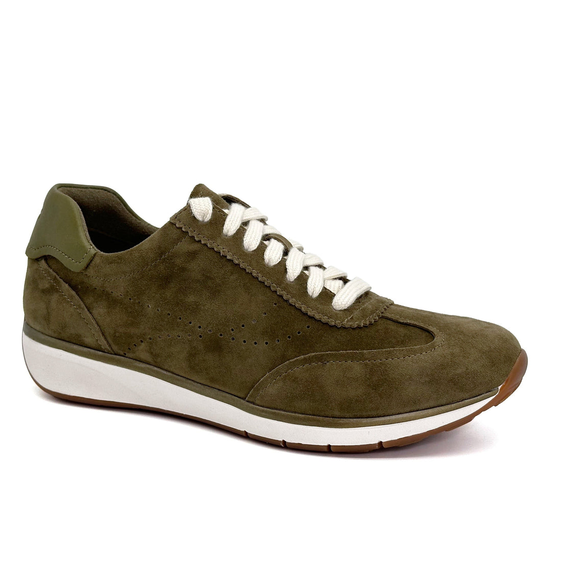 An olive green suede sneaker with white laces, a white midsole, and a brown outsole, shown from a side profile on a white background.