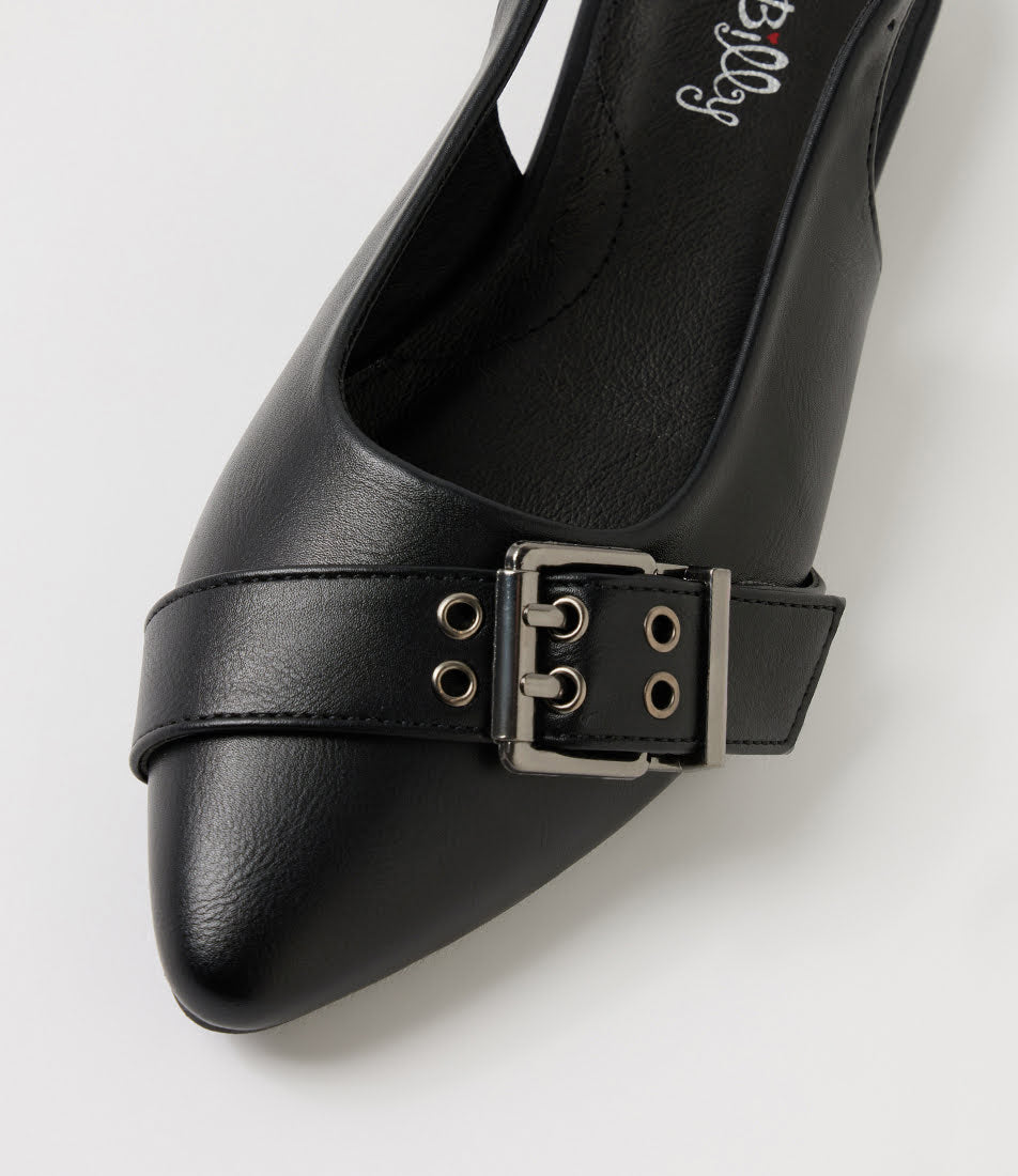 A close-up of a black leather pointed-toe pump with a decorative strap and silver-tone buckle detail across the vamp, shown on a light gray background.