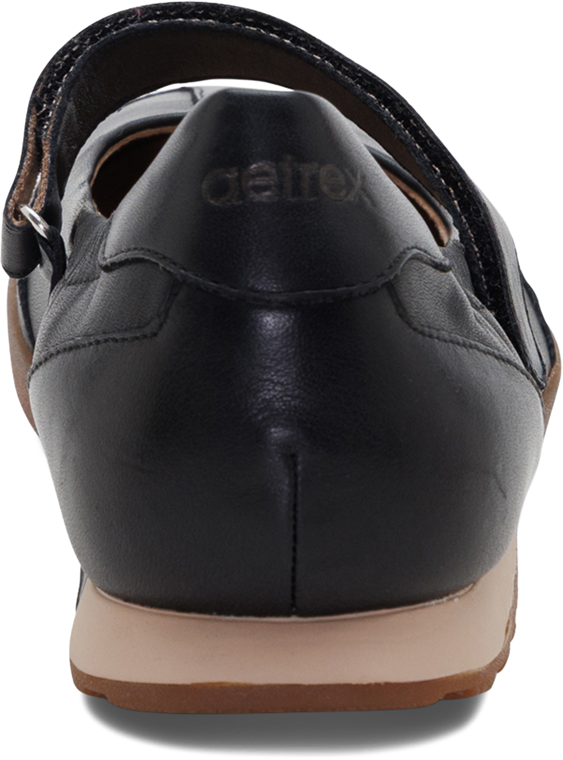 A close-up rear view of a black leather Detro shoe with a tan sole, showing the embossed Detro logo on the heel.