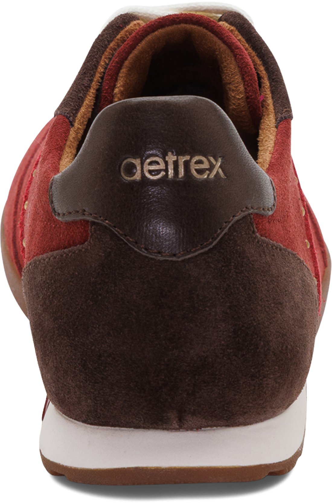 Close-up rear view of a brown and red suede sneaker with a white midsole and the &