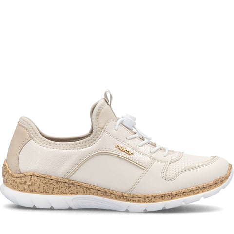 Quarter turn Women's Rieker Footwear style name Nikita F0 in color Porzellan Lugano. Sku: N42F0-60