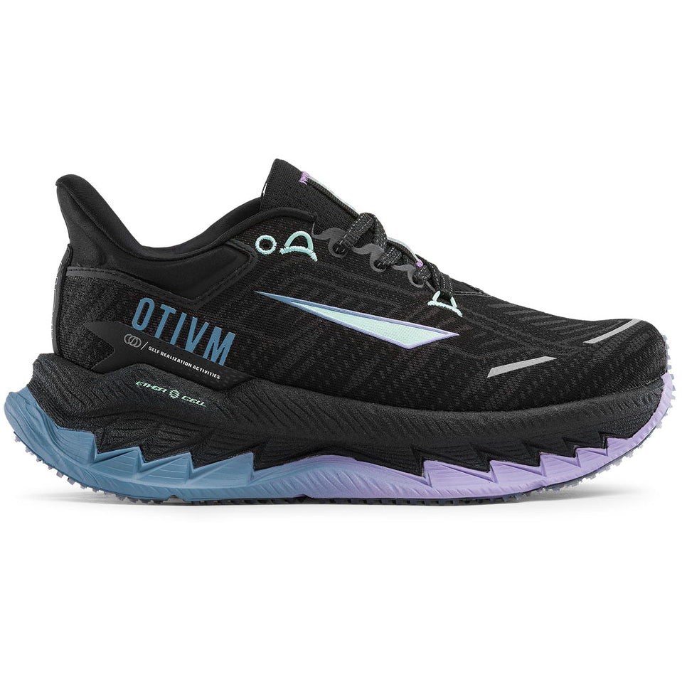 A black running shoe with a textured mesh upper, featuring a light blue &