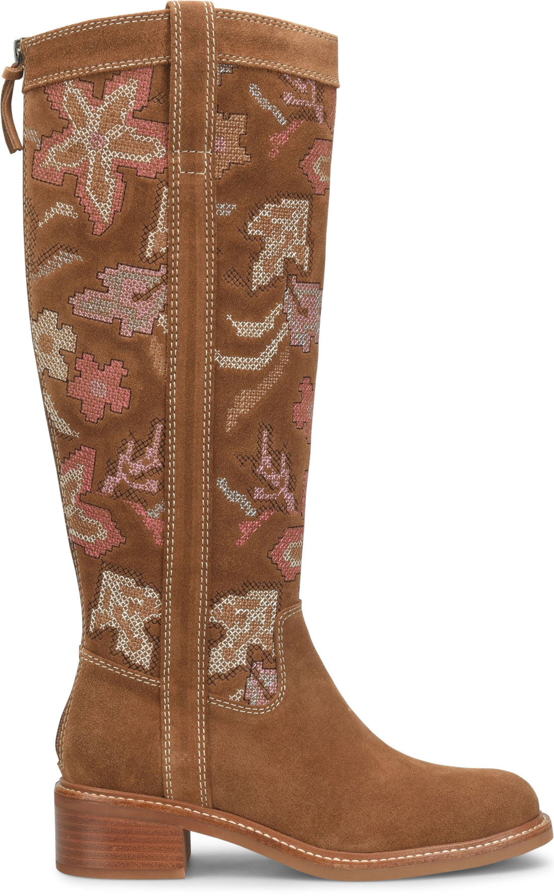 Sofft brand tall leather brown suede with leaf print boots with a zipper that goes up the calf.