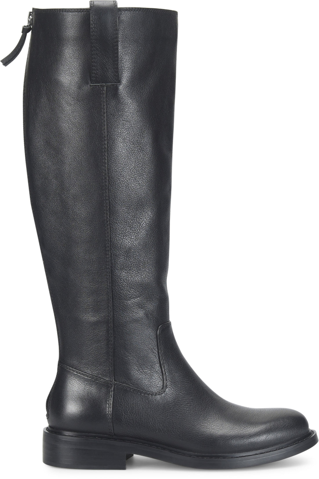 Sofft brand tall leather black boots with a zipper that goes up the calf.