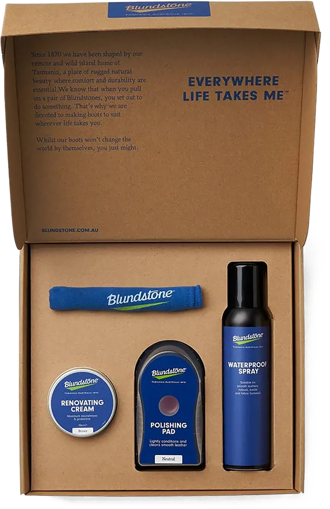 Quarter turn view Unisex Blundstone Care Product style name Shoe Care Kit in color BROWN. Sku: SHOECARE-BRN