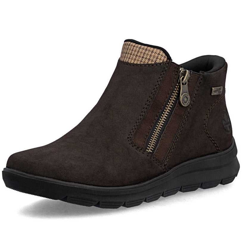 Brown ankle height boot with a side zip entry.