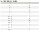 Ecco's men's US to EURO chart